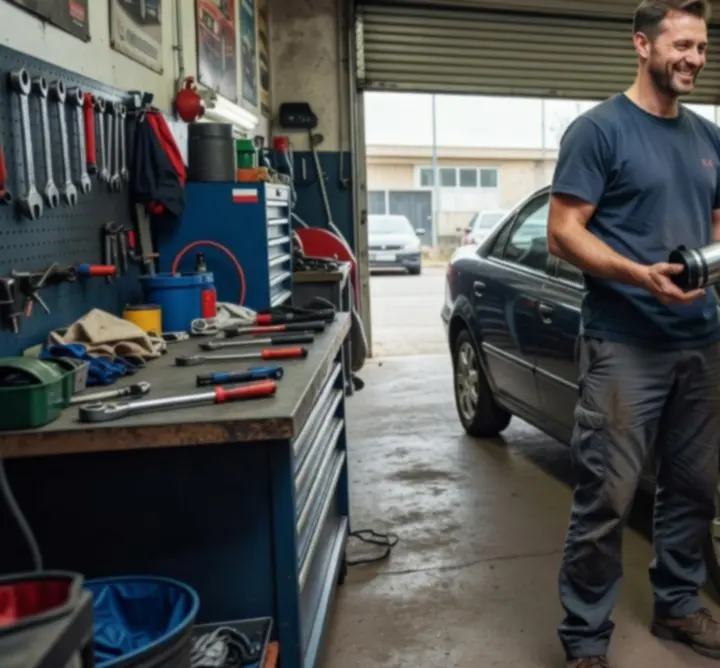 Polscy klienci dzielący się opiniami w warsztacie samochodowym