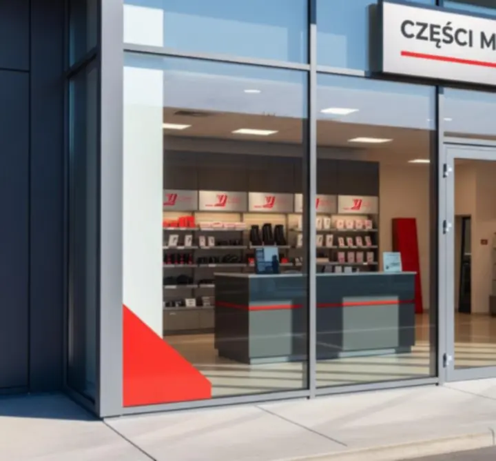 Wejście do nowoczesnego salonu i punktu odbioru AutoPartss z widocznym logo marki.