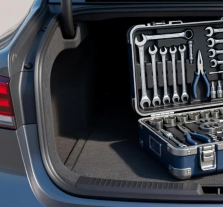 Walizka narzędziowa umieszczona w bagażniku samochodu