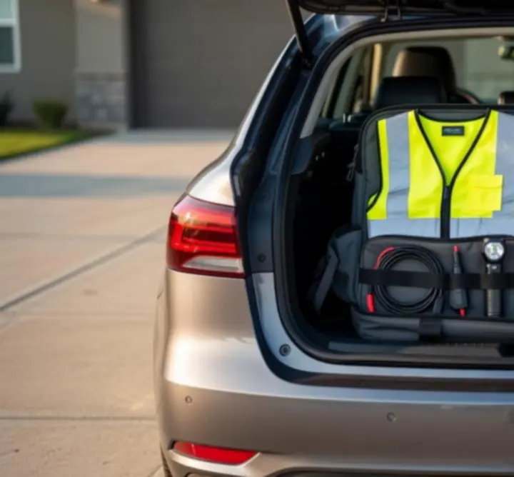 Zestaw awaryjny i akcesoria na dłuższą trasę w bagażniku samochodu